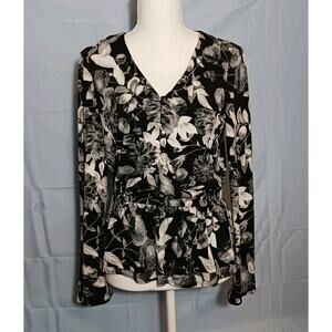 Philosophy Blouse Women's XS Black White Floral Long Sleeve Elastic Waist Ruffle